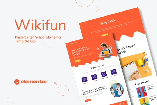 Wikifun kindergarten school Elementor template kit preview with colorful page layouts