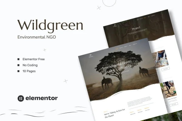 Wildgreen environmental NGO Elementor template kit preview