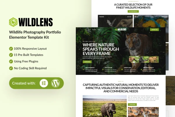 Wildlens wildlife photography portfolio Elementor template kit preview