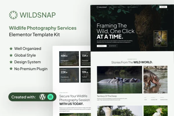 Wildsnap wildlife photography Elementor template kit preview