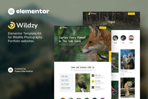 Wildzy wildlife photography Elementor template kit preview