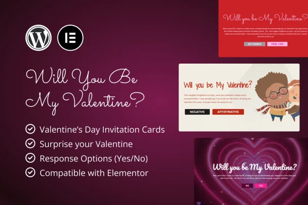 Will You Be My Valentine Elementor plugin banner with Valentine's Day invitation