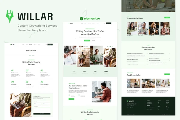 Willar Elementor template kit preview for a content copywriting services website