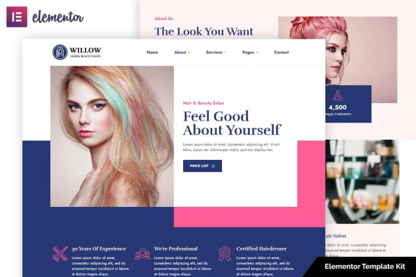 Willow hair and beauty salon Elementor template kit preview