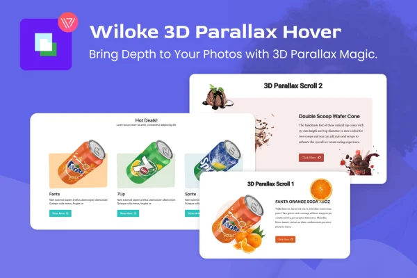 Wiloke 3D Parallax plugin banner showing layered 3D image effects