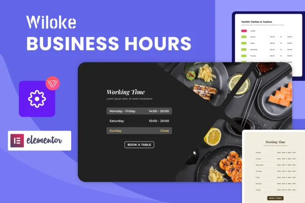 Wiloke Business Hours For Elementor plugin banner with business hour card designs