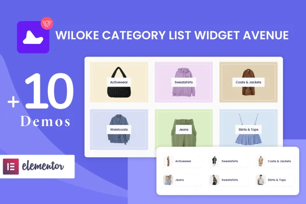 Wiloke Categories List Widget Avenue plugin banner showing category cards for Elementor