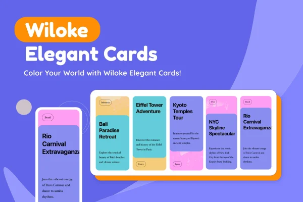 Wiloke Elegant Cards plugin banner showing styled card layouts for Elementor