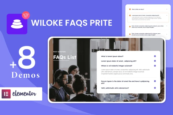 Wiloke FAQs Prite Elementor addon banner showing FAQ tab layouts