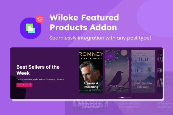 Wiloke Featured Products plugin banner showing a WooCommerce product slider