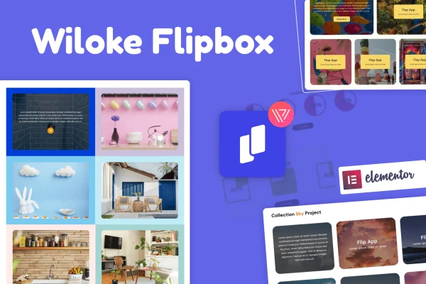 Wiloke Flipbox for Elementor plugin banner showing animated flip box designs