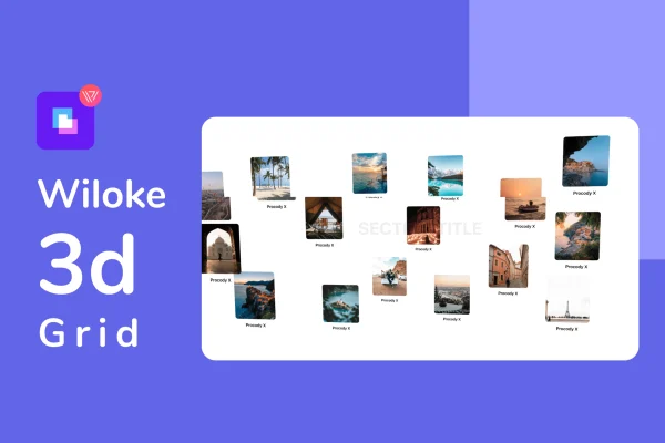 Wiloke Grid 3D for Elementor plugin banner showing a three-dimensional content grid