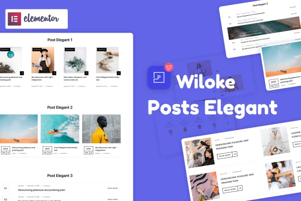 Wiloke Posts Elegant plugin banner showing blog post layouts for Elementor