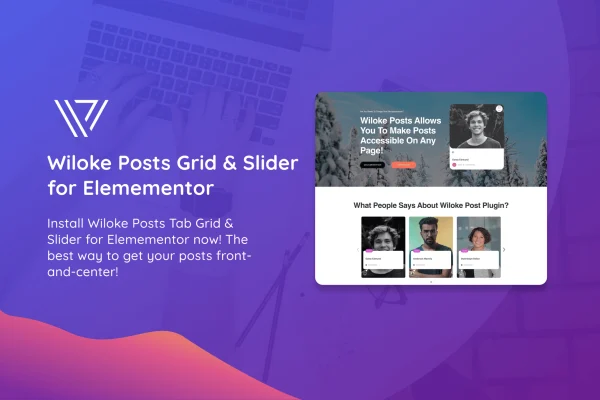 Wiloke Posts Grid and Slider plugin banner showing blog post grid and slider layouts