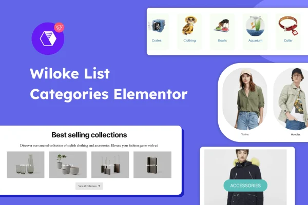 Wiloke Product Categories Elementor plugin banner showing styled product category layouts