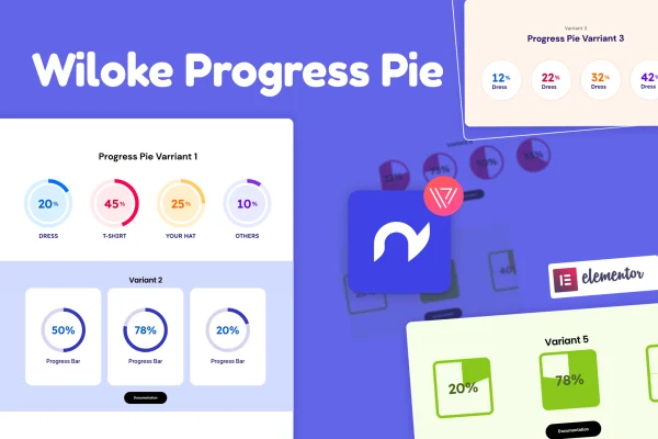 Wiloke Progress Pie for Elementor plugin banner with animated pie charts