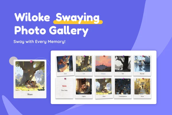 Wiloke Swaying Photo Gallery plugin banner with animated photo cards
