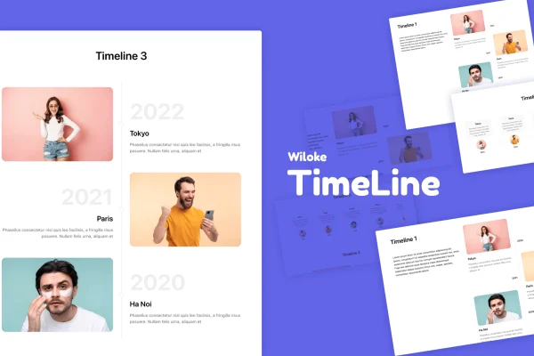 Wiloke Timeline plugin banner showing a timeline layout for Elementor