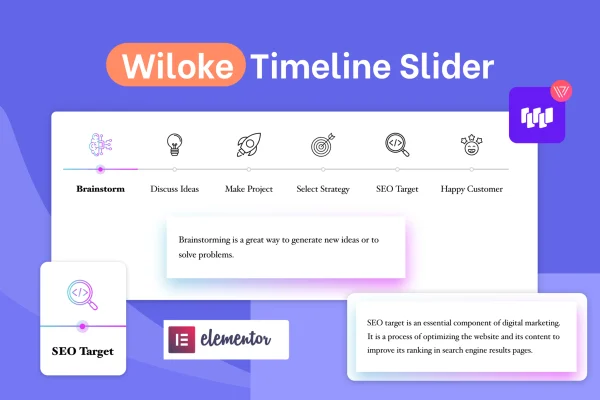 Wiloke Timeline Slider for Elementor plugin banner showing a timeline slider layout