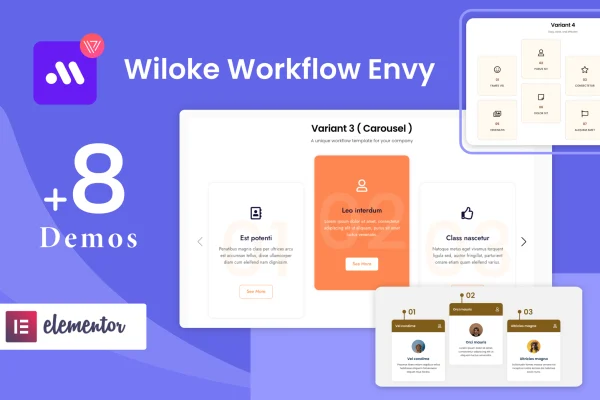 Wiloke Workflow Envy widget for Elementor banner showing numbered workflow process cards