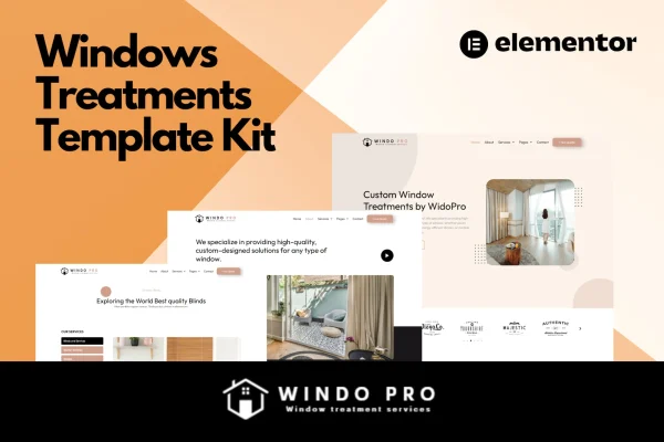 Windo window treatments Elementor template kit cover showing page layouts for blinds and curtains