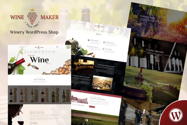 Wine Maker winery WordPress theme preview with wine shop layout
