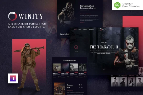 Winity game publisher and eSports Elementor template kit preview with dark gaming layouts