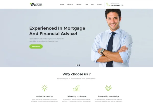 Winnex business consulting WordPress theme cover with homepage preview