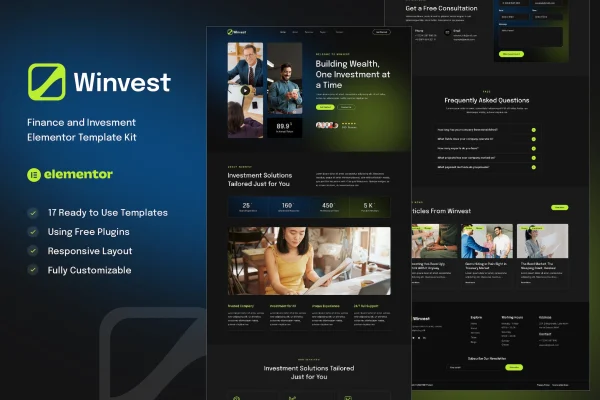 Winvest finance and investment Elementor template kit preview