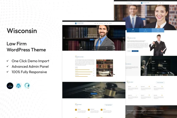 Wisconsin law firm WordPress theme preview showing a professional legal website layout