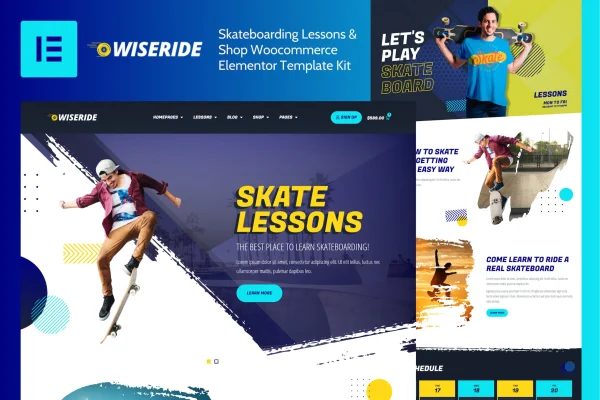 WiseRide skateboarding lessons and shop Elementor template kit preview