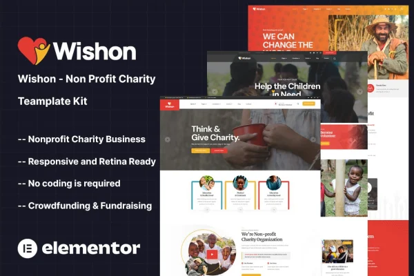 Wishon non profit charity Elementor template kit preview