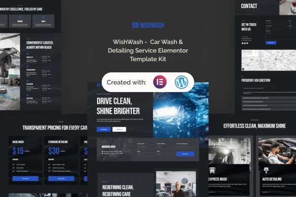 WishWash car wash and detailing Elementor template kit preview