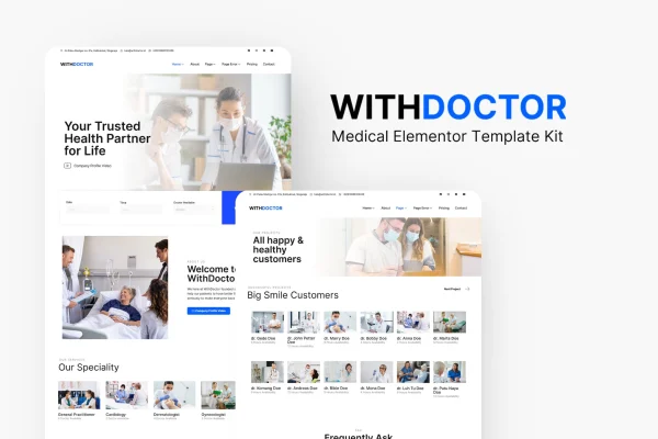 WithDoctor medical Elementor template kit page previews