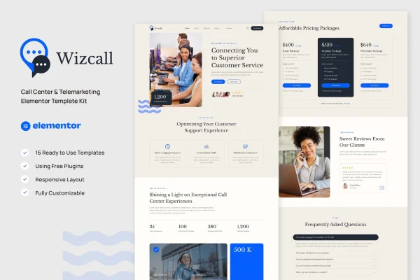 Wizcall call center and telemarketing Elementor template kit preview