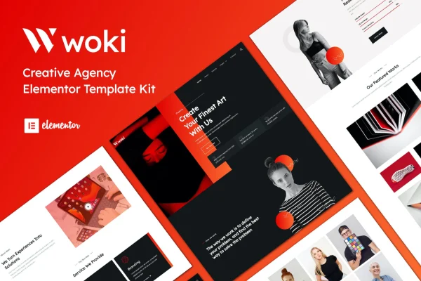 Woki creative agency Elementor template kit preview with portfolio page layouts