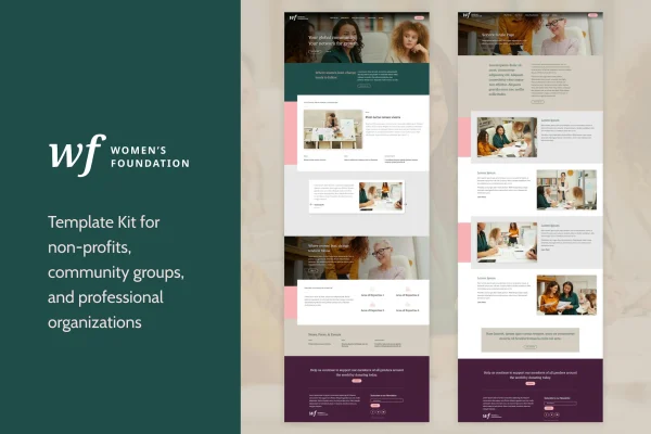 Women’s Foundation non-profit Elementor template kit page previews