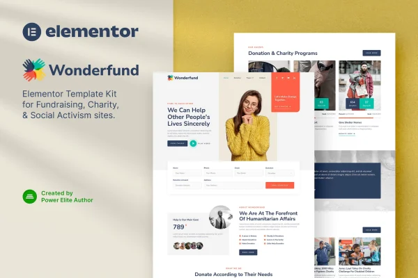 Wonderfund fundraising and charity Elementor template kit preview