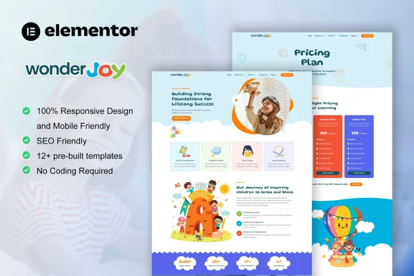 WonderJoy kindergarten and child care Elementor Pro template kit preview