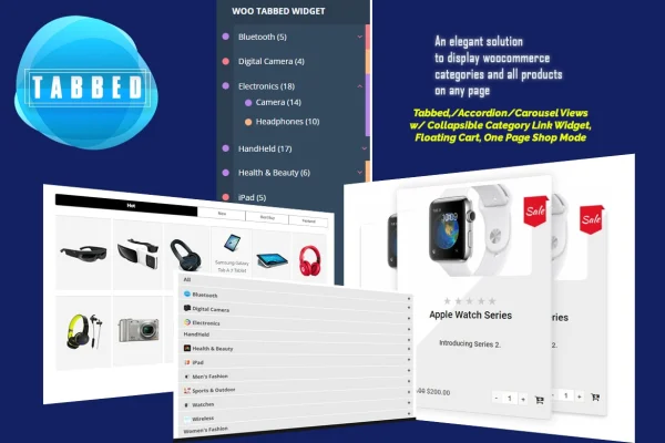 Woo Tabbed Category Product Listing - Pro plugin banner showing tabbed WooCommerce product layout