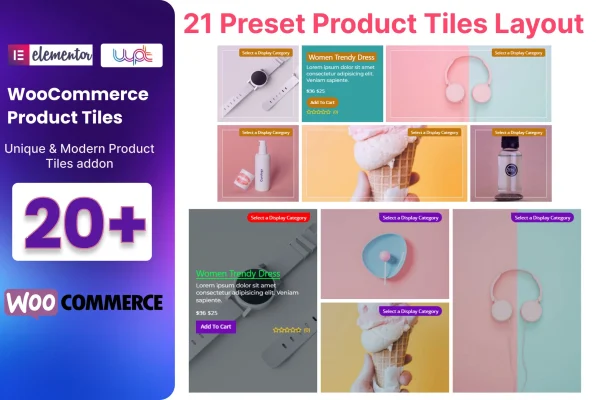 WooC Products Tiles plugin banner showing WooCommerce product tile designs for Elementor