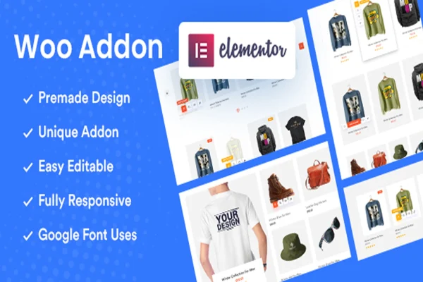 WooCommerce Addon plugin banner showing Elementor product grid and slider layouts