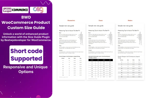 Product Custom Size Guide For WooCommerce plugin banner with a sample size chart