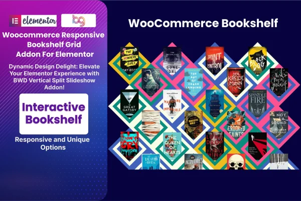 Woocommerce Responsive Bookshelf Grid plugin banner showing books arranged on shelves