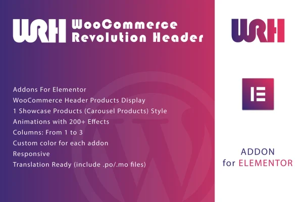 WooCommerce Revolution Header for Elementor plugin banner showing a product header layout