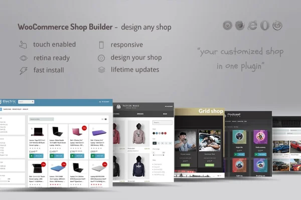 WooCommerce Shop Builder plugin banner showing a custom shop grid layout