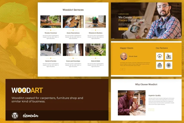 WoodArt Elementor template kit preview showing woodworking website pages