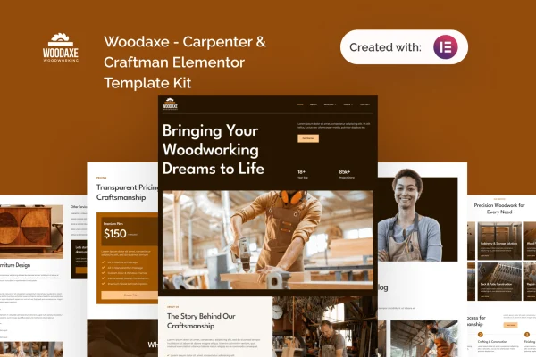 Woodaxe carpenter and craftsman Elementor template kit preview
