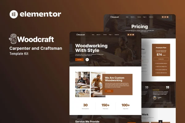 Woodcraft carpenter and craftsman Elementor template kit preview