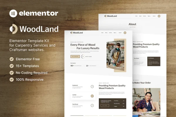 WoodLand carpenter and craftsman Elementor template kit preview